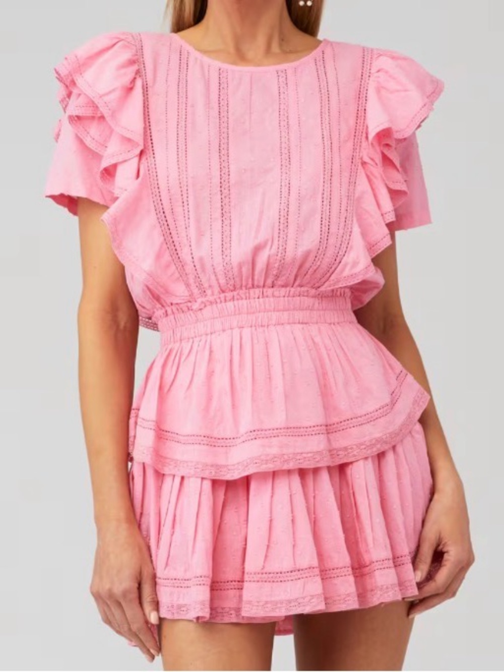 LoveShackFancy Natasha Pink Ruffled Eyelet Mini Dress, Size P